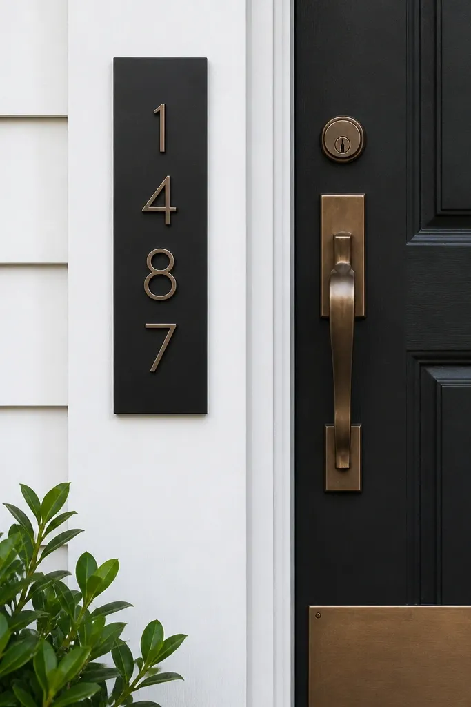 Black house number plate mounted above the front door with clean alignment