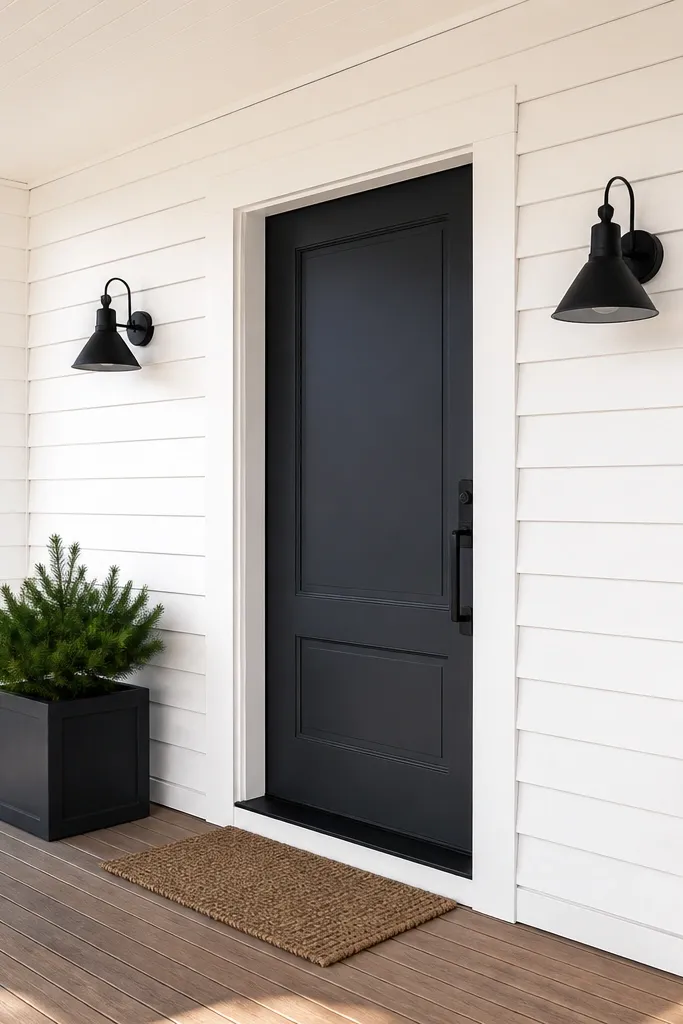 Front door framed by white shiplap panels with clean trim edges