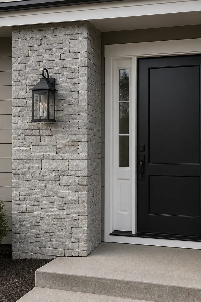 Front door with a single stone accent column on one side and matching lighting