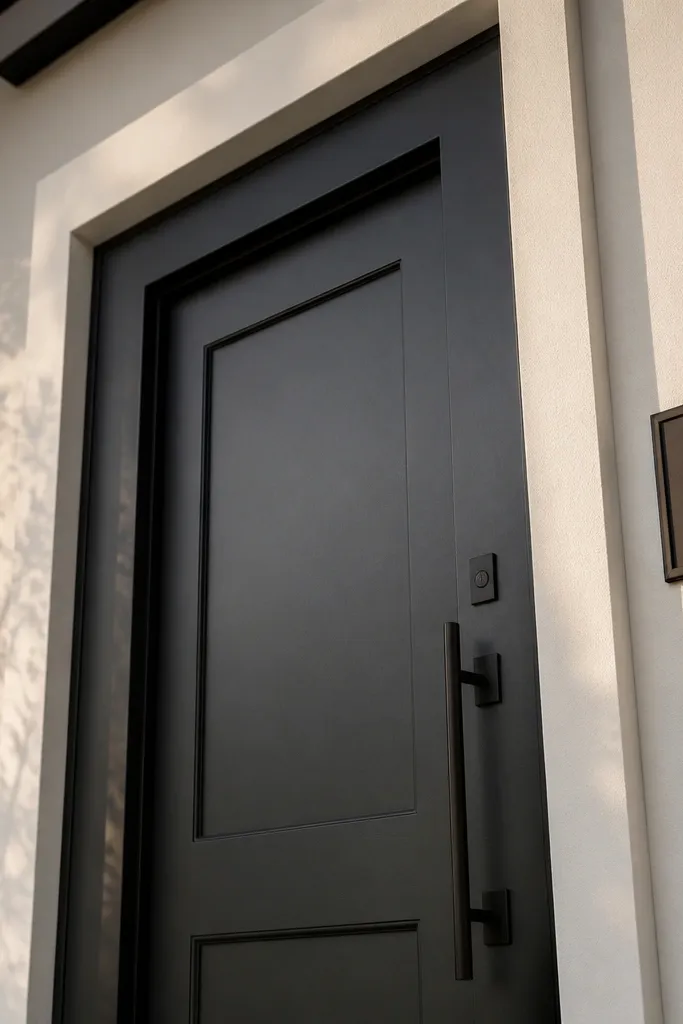 Front door trim painted with a crisp white border and consistent shadow gap