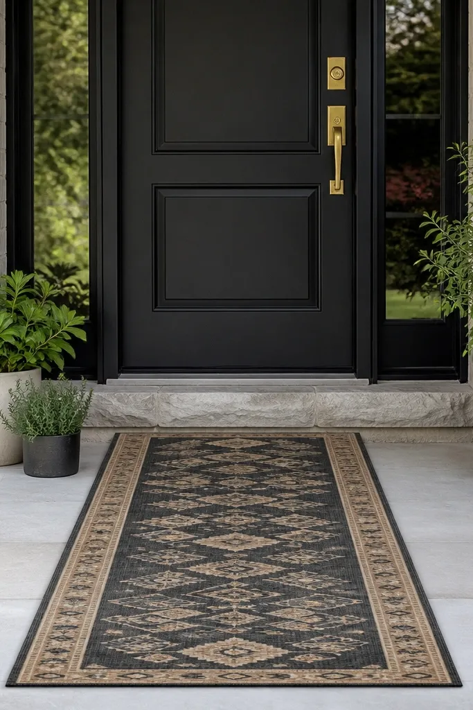 Outdoor rug runner leading to a front door with matching door color accents