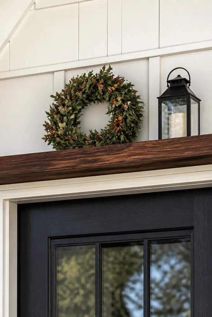 Small shelf above the front door holding wreath hooks and seasonal decor