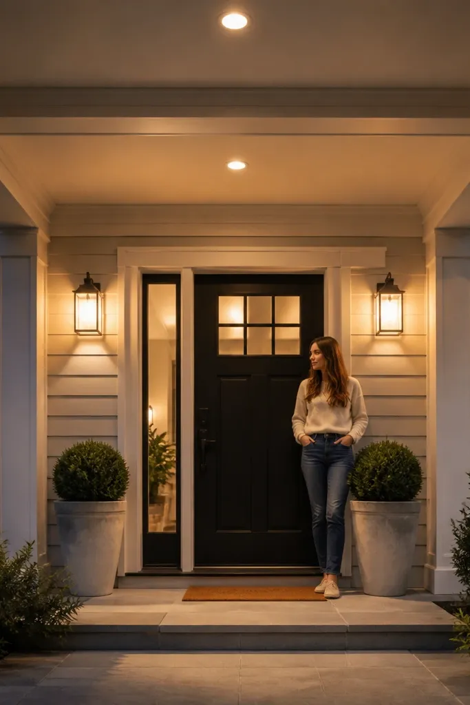 Porch ceiling with simple white beams framing the front door area