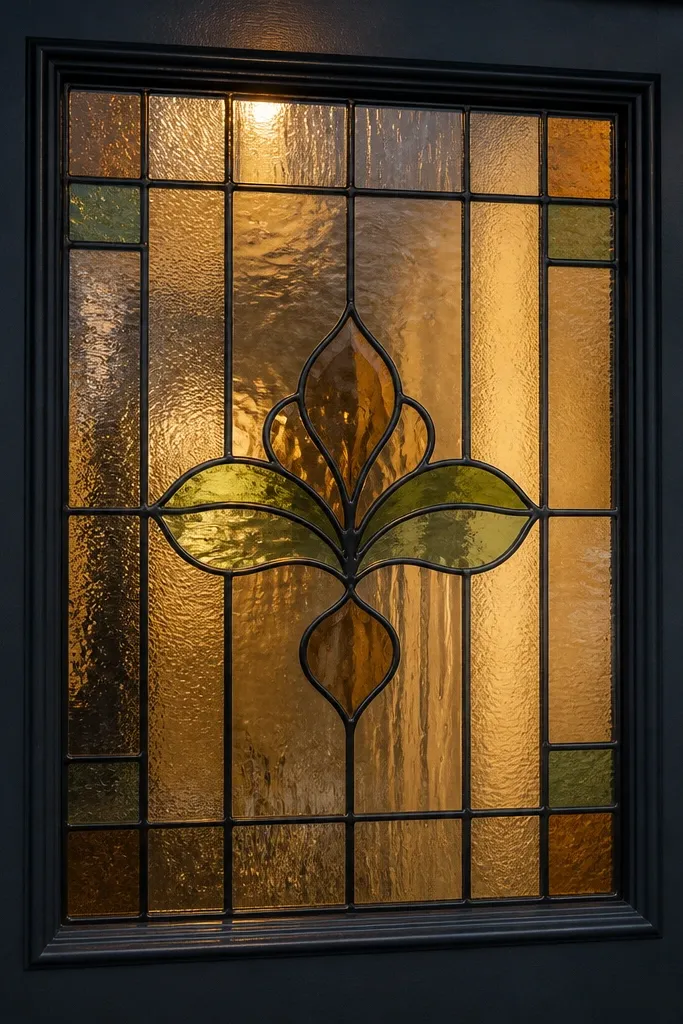 Front door glass panel with stained-look colored film and subtle lead lines