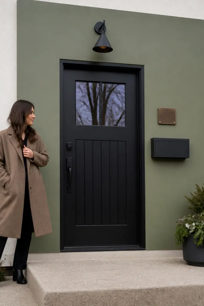 Color block painted wall around the front door with a crisp border and clean trim
