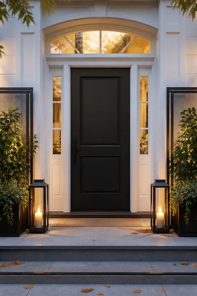 Matching lanterns on both sides of the front door above planter boxes