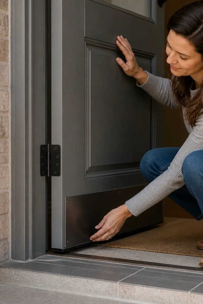 New door hinges and a brushed metal kick plate at the bottom of a front door