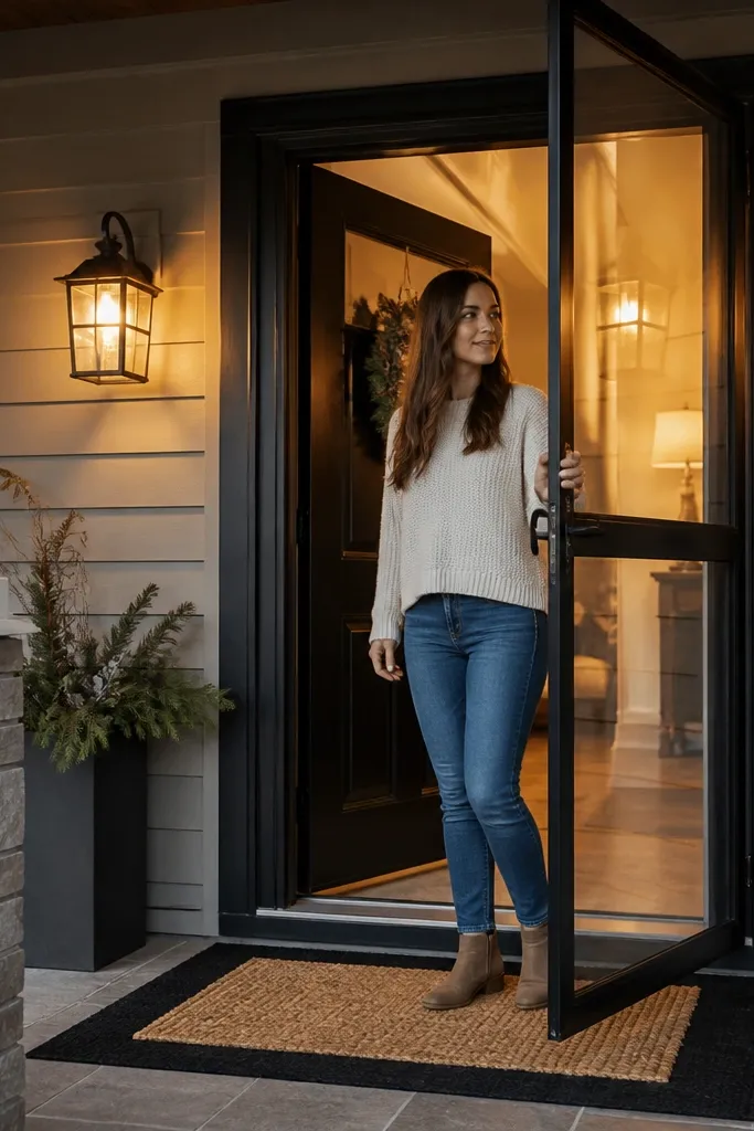 Clear storm door with a clean frame and black handles on a front entrance