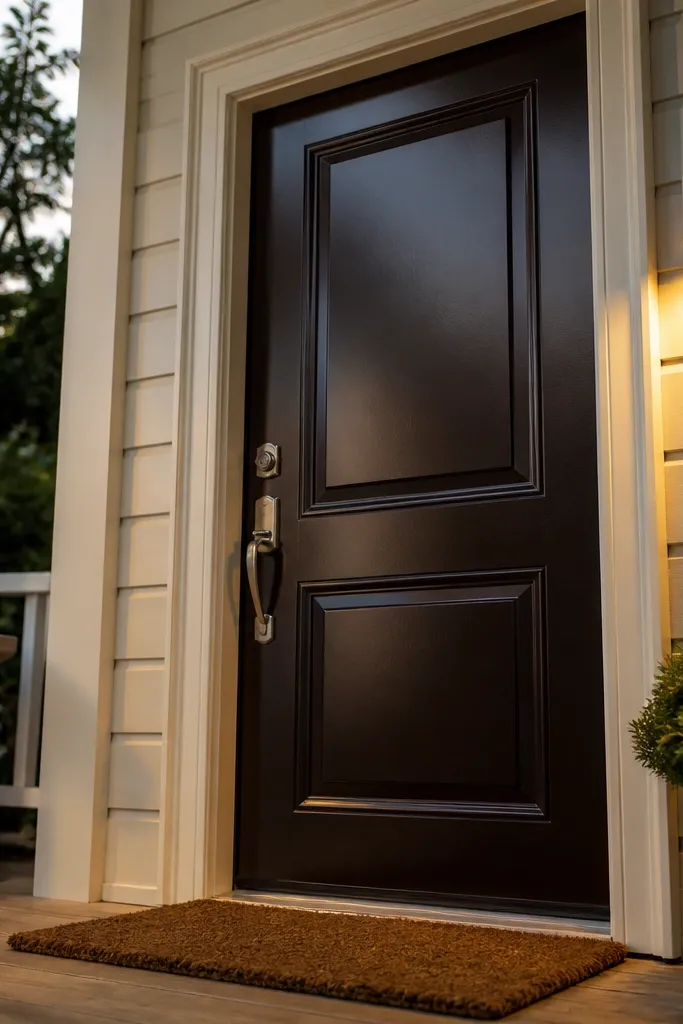 Deep espresso brown front door with white trim and warm brass hardware
