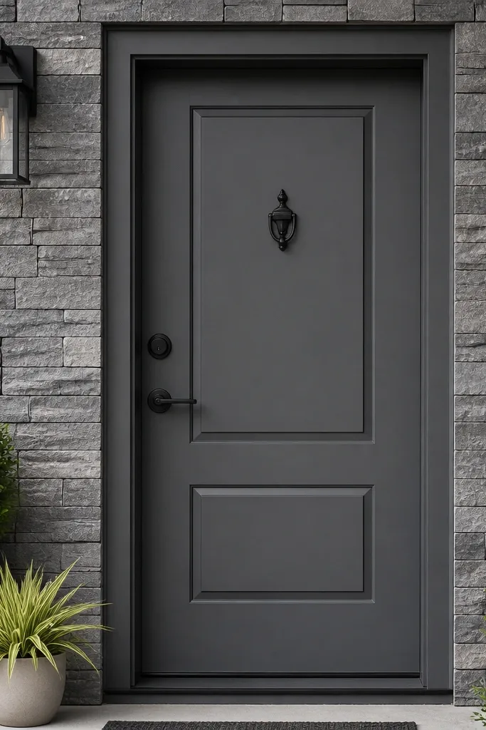 Charcoal gray front door with black matte handle and clean white trim