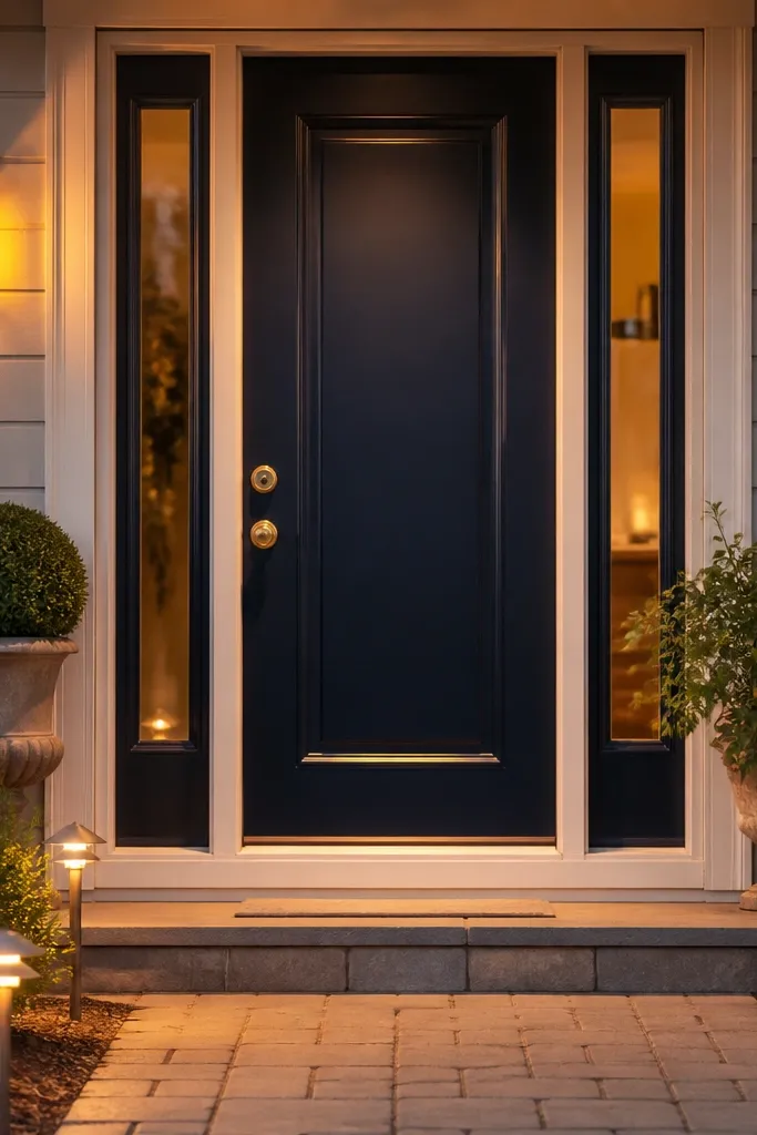 Ink navy front door with antique brass knob and white trim