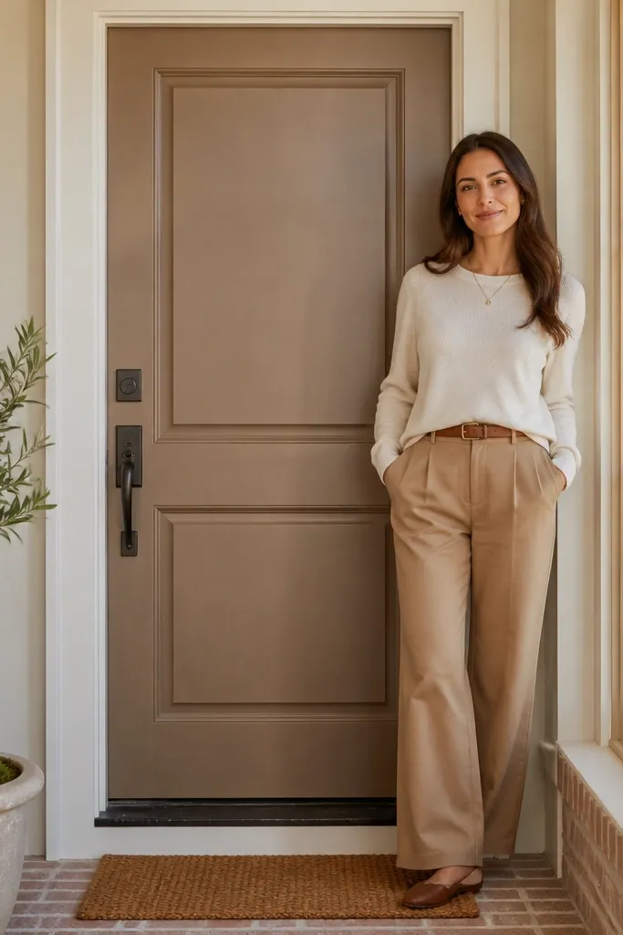 Warm taupe-brown front door with cream trim and dark bronze handle