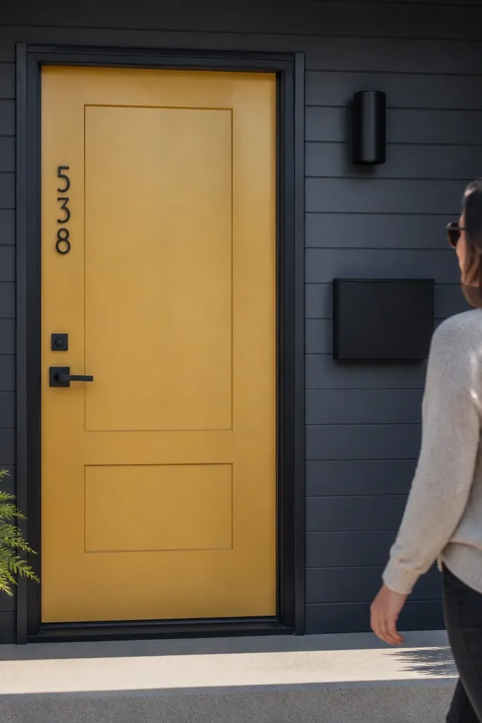 Brushed gold yellow front door with black handle and dark gray trim