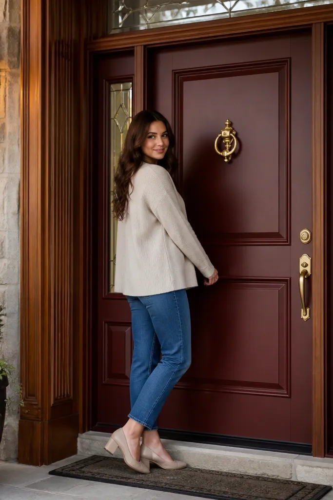 Deep burgundy front door with brass knob and warm-toned wood trim