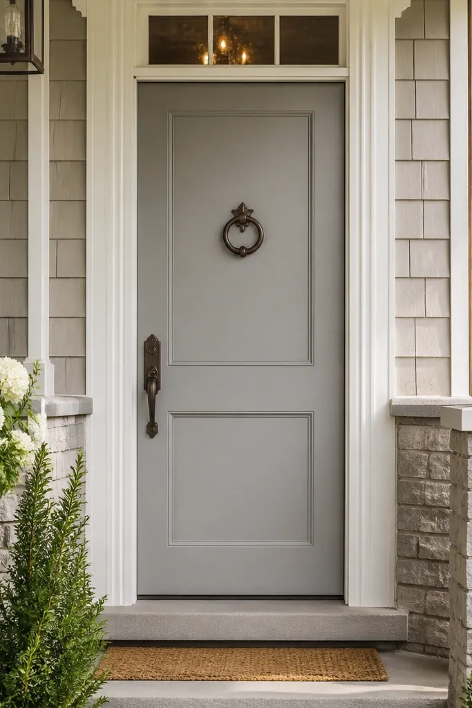 Pale stone gray front door with bronze handle and warm white trim
