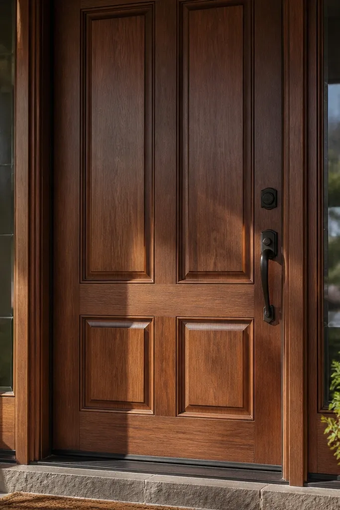 Walnut-toned front door with clear protective finish and dark bronze hardware