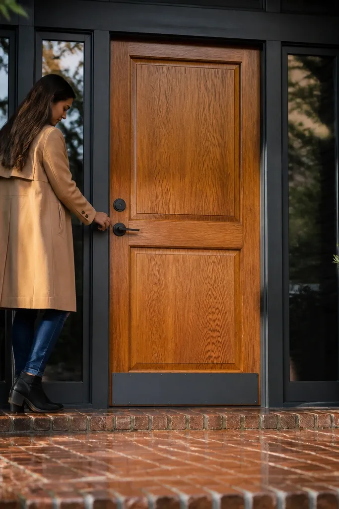 Warm oak main door with graphite handle and knocker
