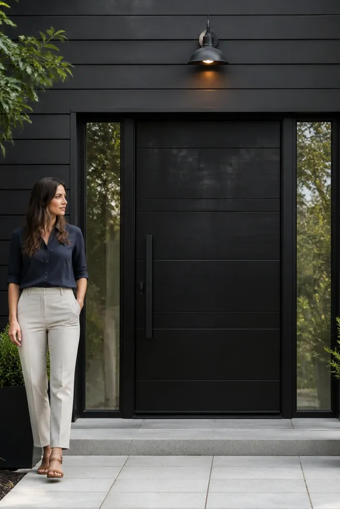 Black aluminum main door with clear glass sidelights and black hinges