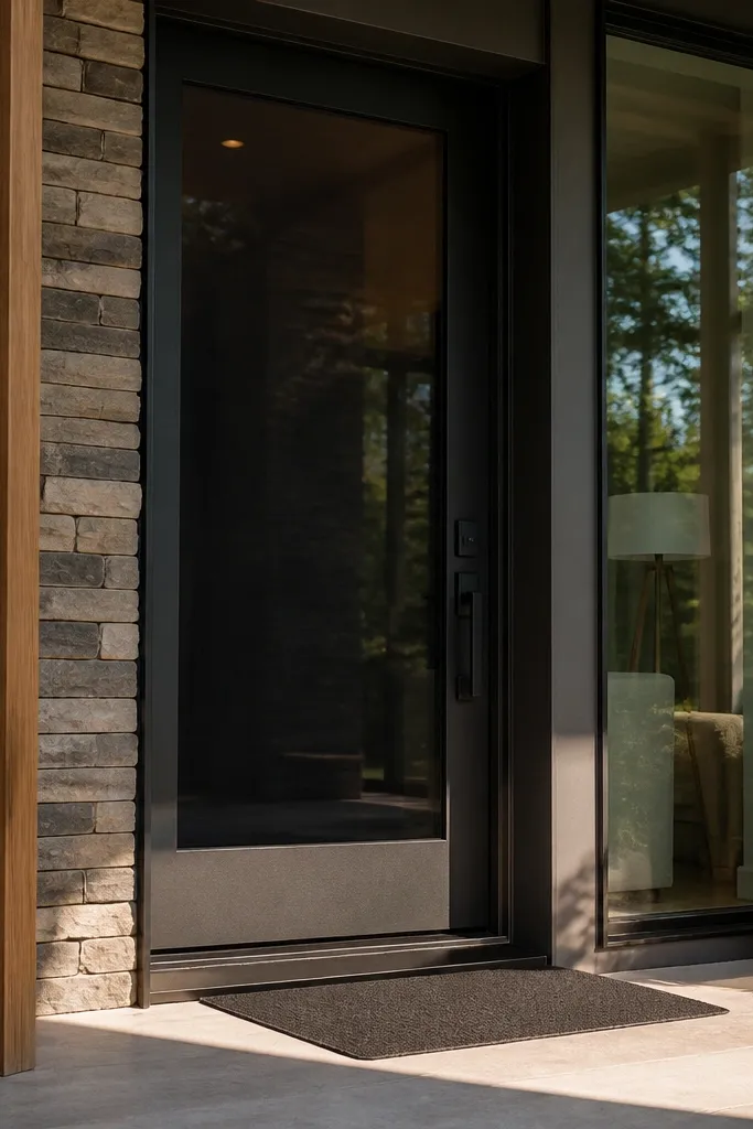 Matte charcoal door with smoked glass panel and black round knob