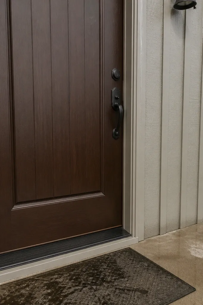 Deep brown main door with subtle vertical grain and bronze hardware