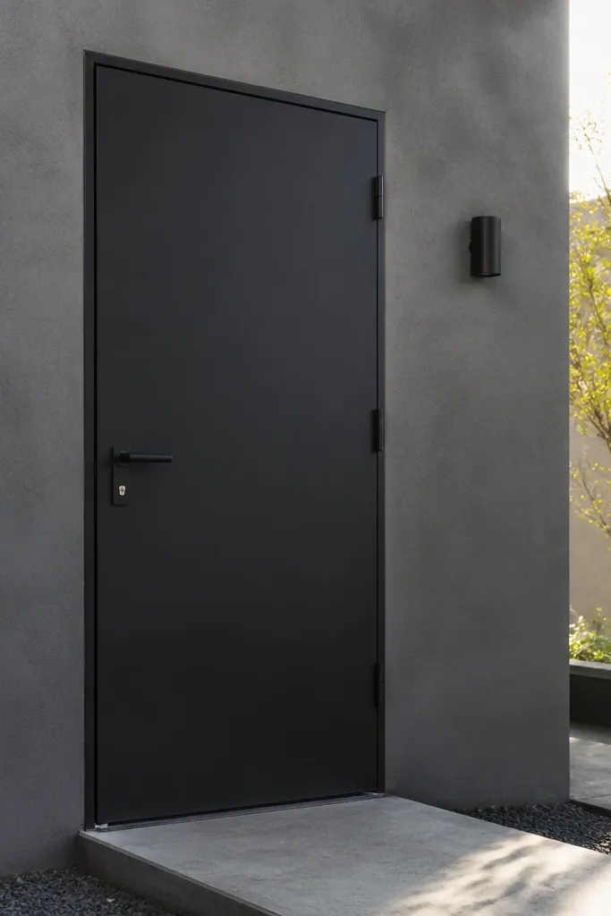 Matte black steel main door with clean flat face and minimal trim