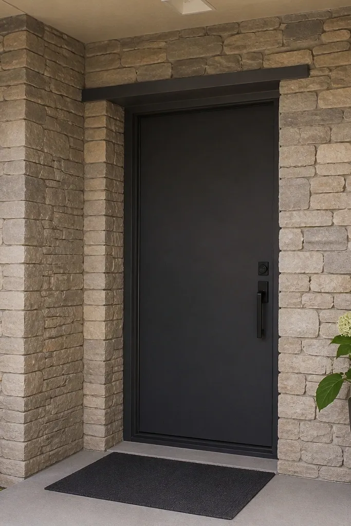 Flush modern door inside a stone veneer frame with black hardware