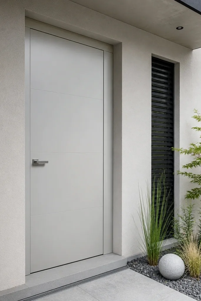 Light gray main door with sleek hidden hinge hardware and silver knob