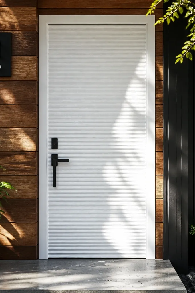 Matte white door with subtle horizontal ribs and black lever handle