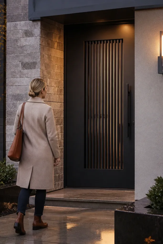Charcoal main door with vertical aluminum slats insert and bronze knob