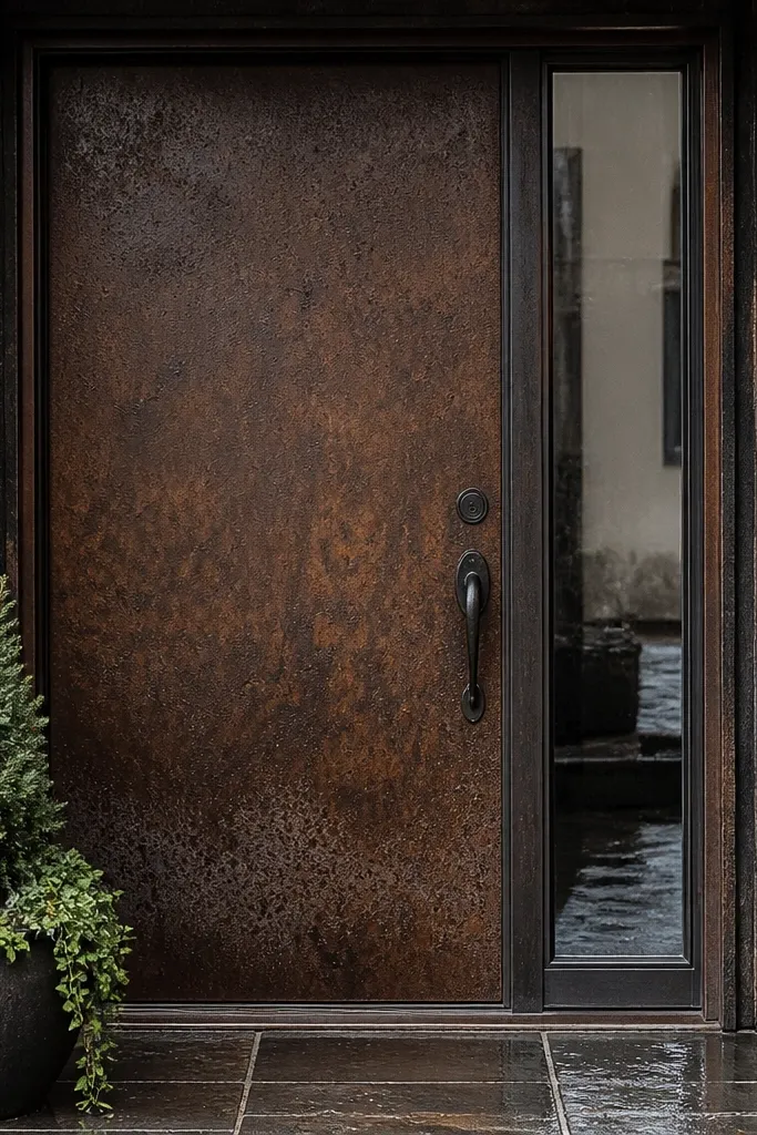 Dark door with faux rust finish and satin clear top on black hardware