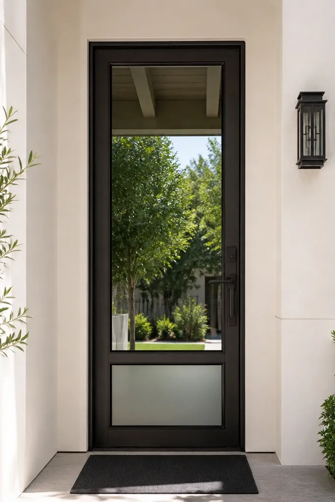 Modern glass main door with slim black frame and black gasket lines