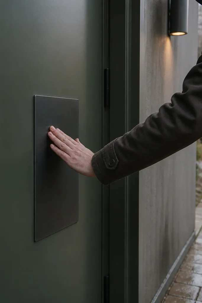 Gray-green main door with black push plate and modern black handle