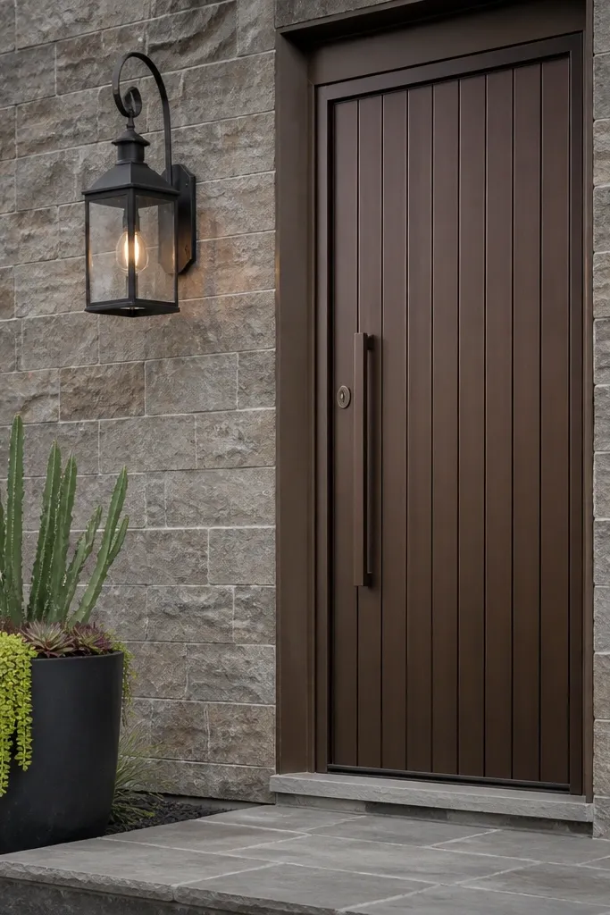 Matte bronze door with vertical wood slats and sealed frame gaps