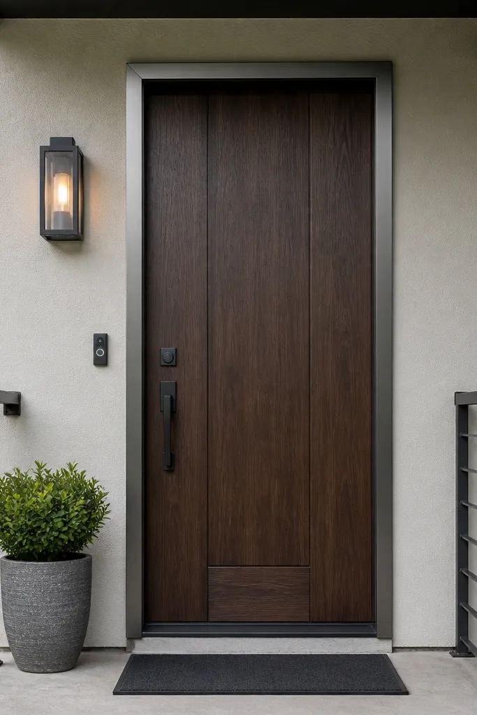 Dark walnut main door with aluminum surround trim and black handle