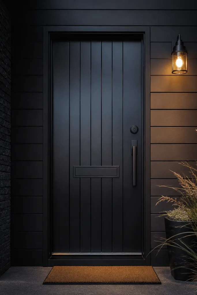 Satin black main door with built-in mail slot and simple handle