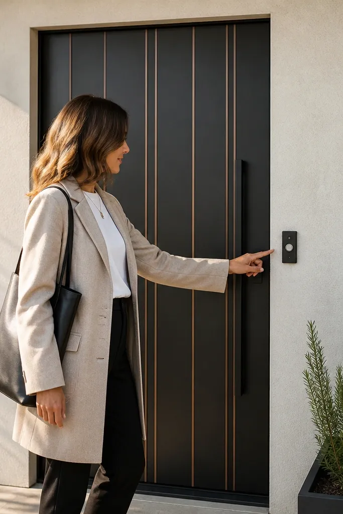Door with dark base and thin vertical accent strips and modern black handle
