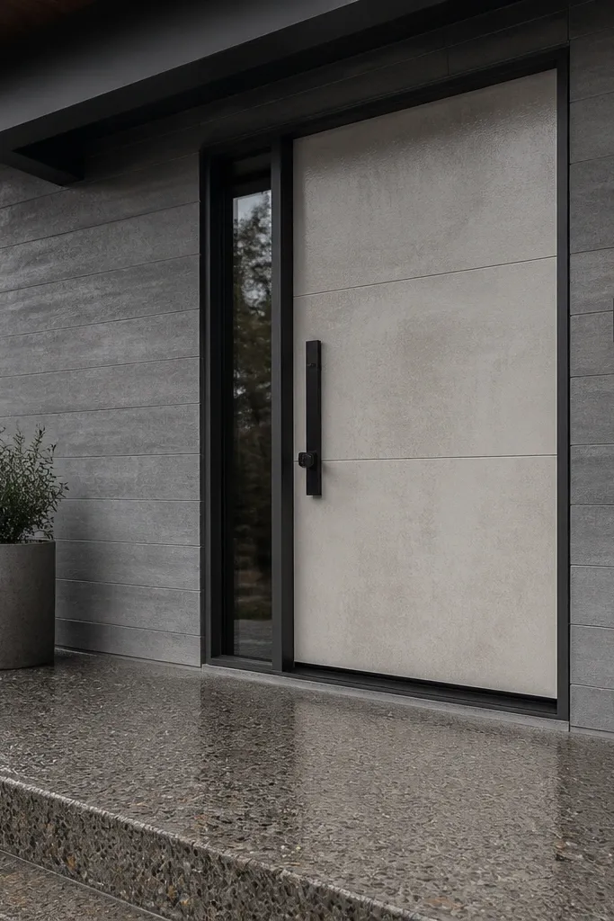 Light concrete-look main door with sealed texture and black handle