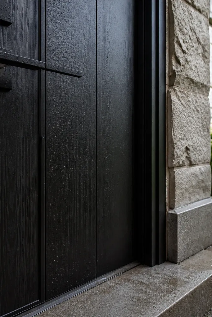 Matte black door with subtle vertical drainage grooves and black lever
