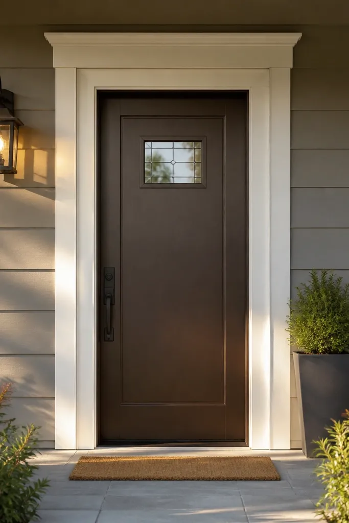 Bronze door with warm white trim and small glazed panel near top