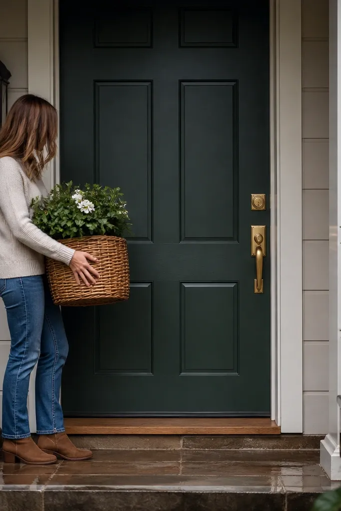 Matte dark green main door with brass toned lock and simple handle