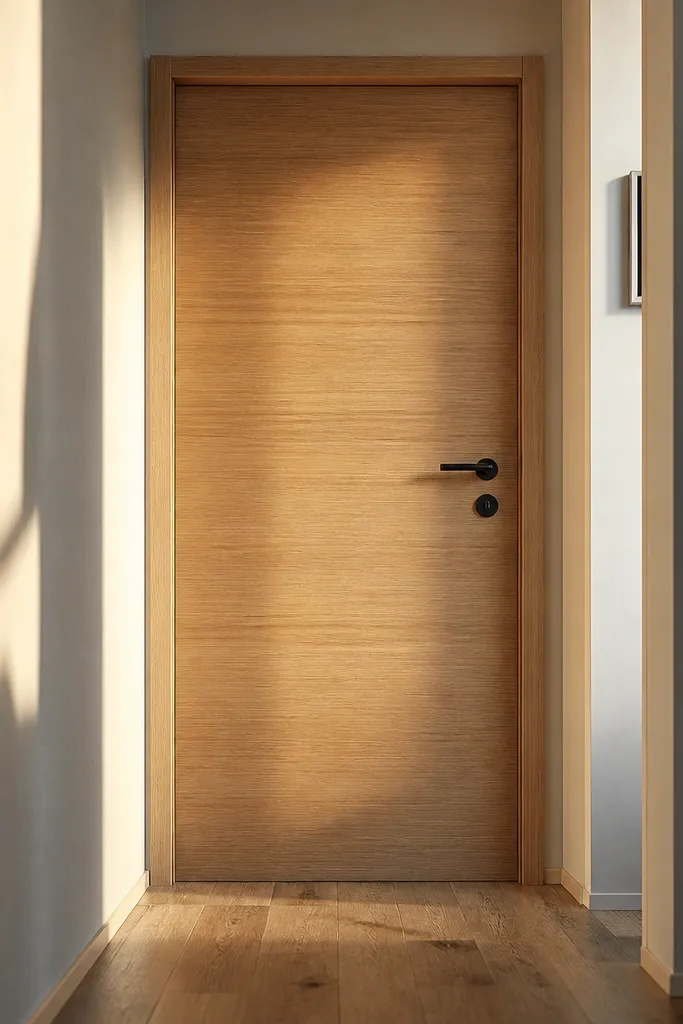 Light oak door with horizontal wood grain and black lever handle