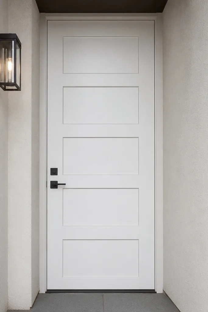White door with recessed panels and a narrow dark shadow gap