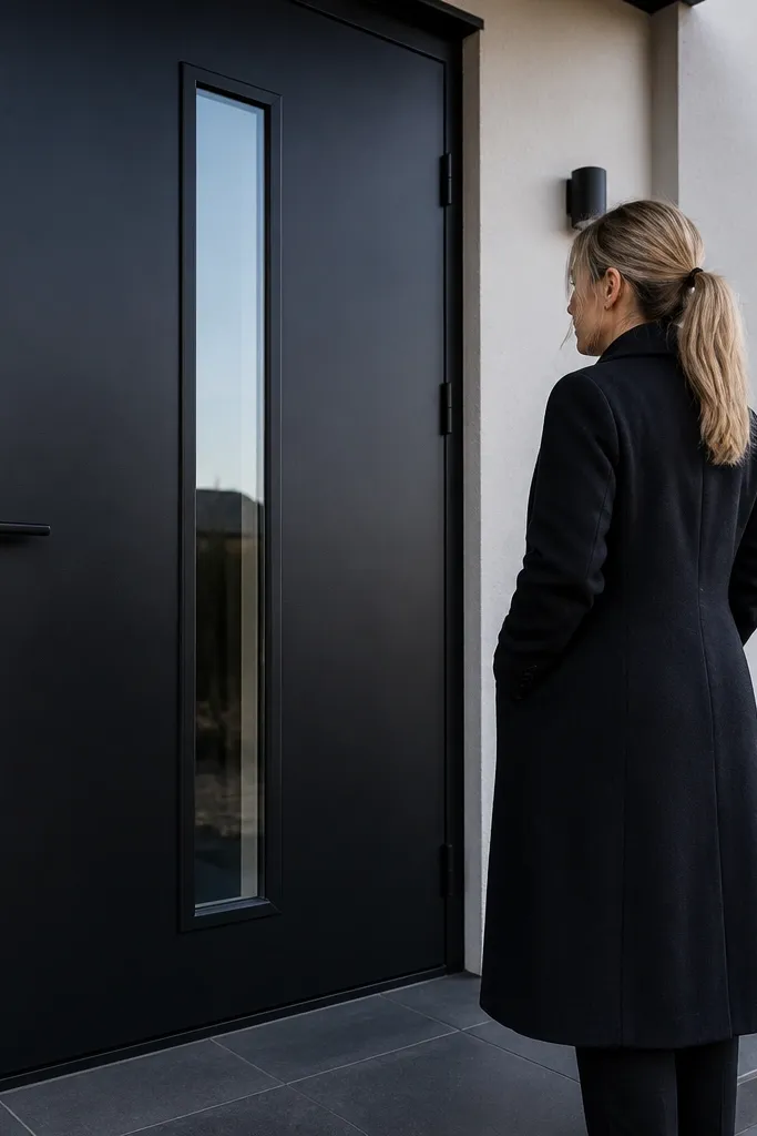Matte black metal door with one slim vertical glass strip