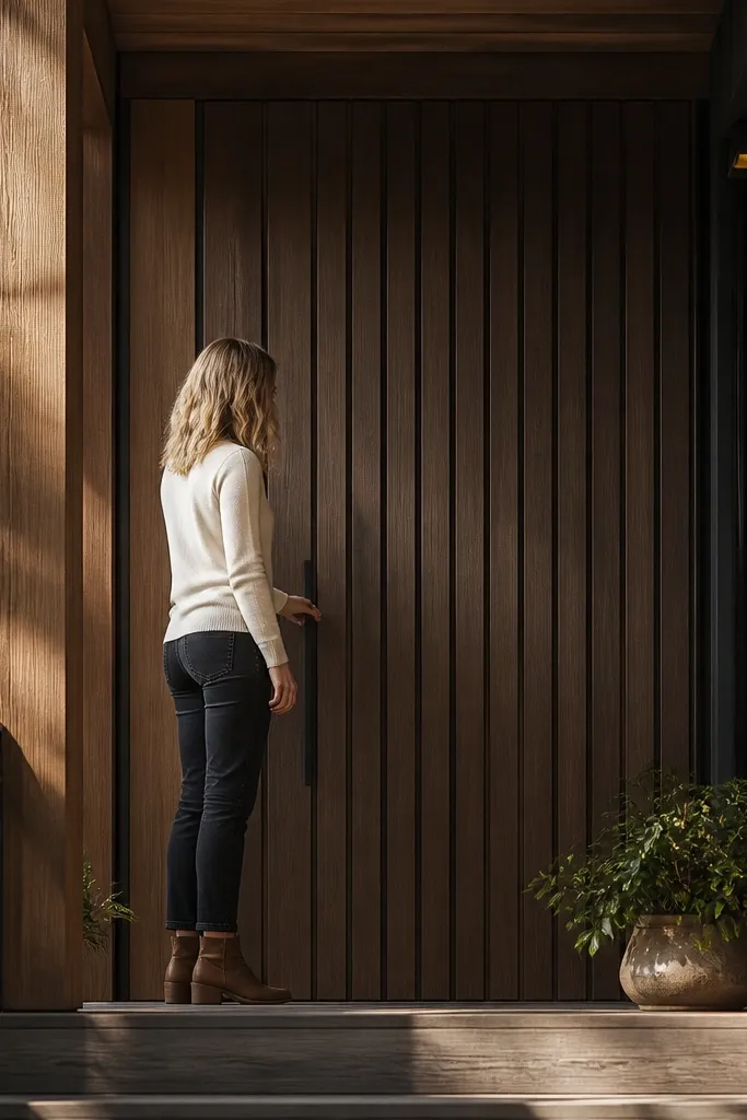 Wood door with vertical slats and a hidden door closer mechanism