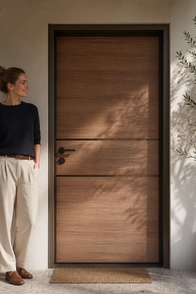 Wood-clad door with two slim horizontal inset panels