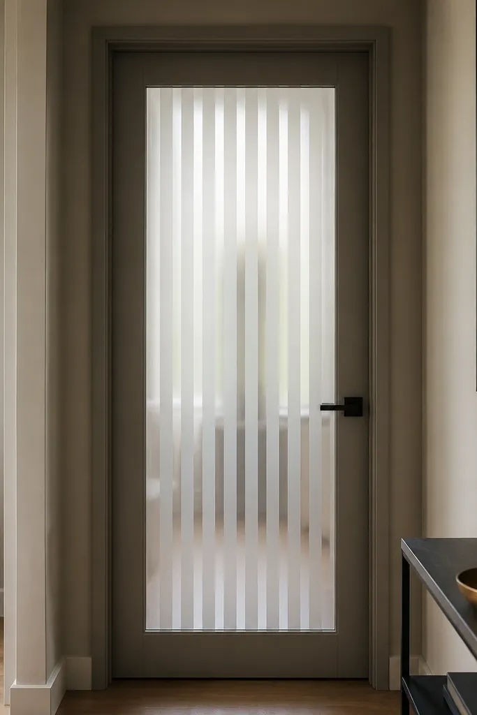 Door with frosted glass panel and vertical stripe pattern