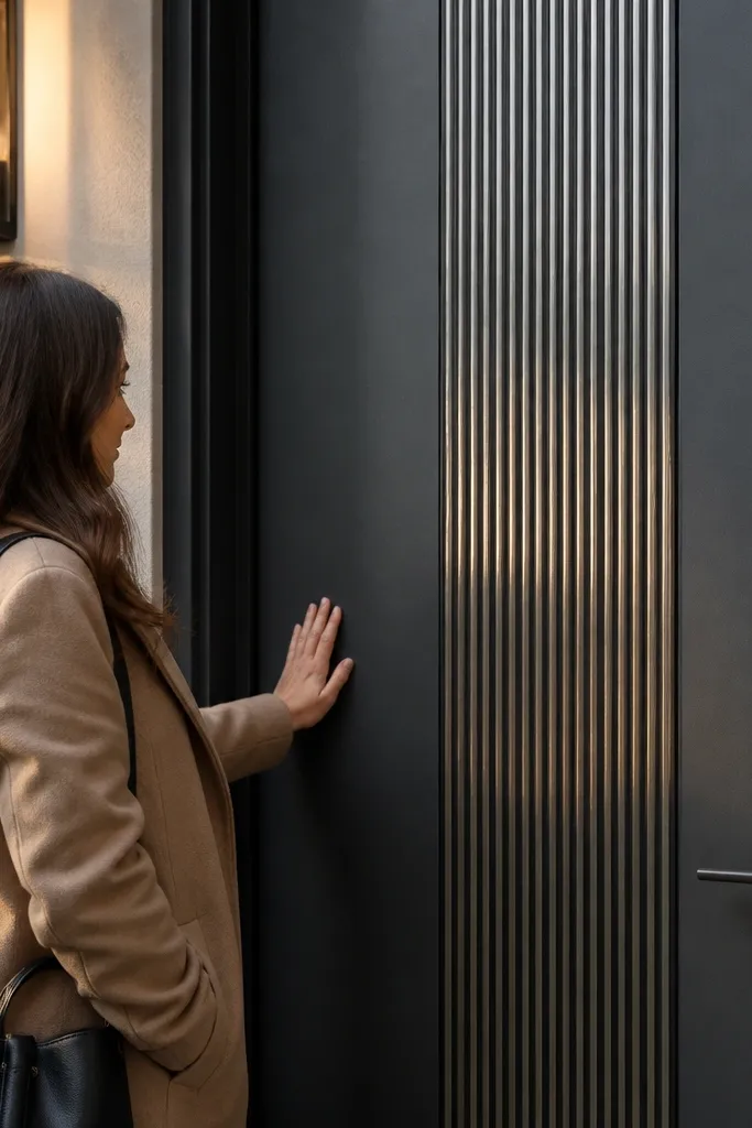 Charcoal door with a vertical ribbed metal inset panel