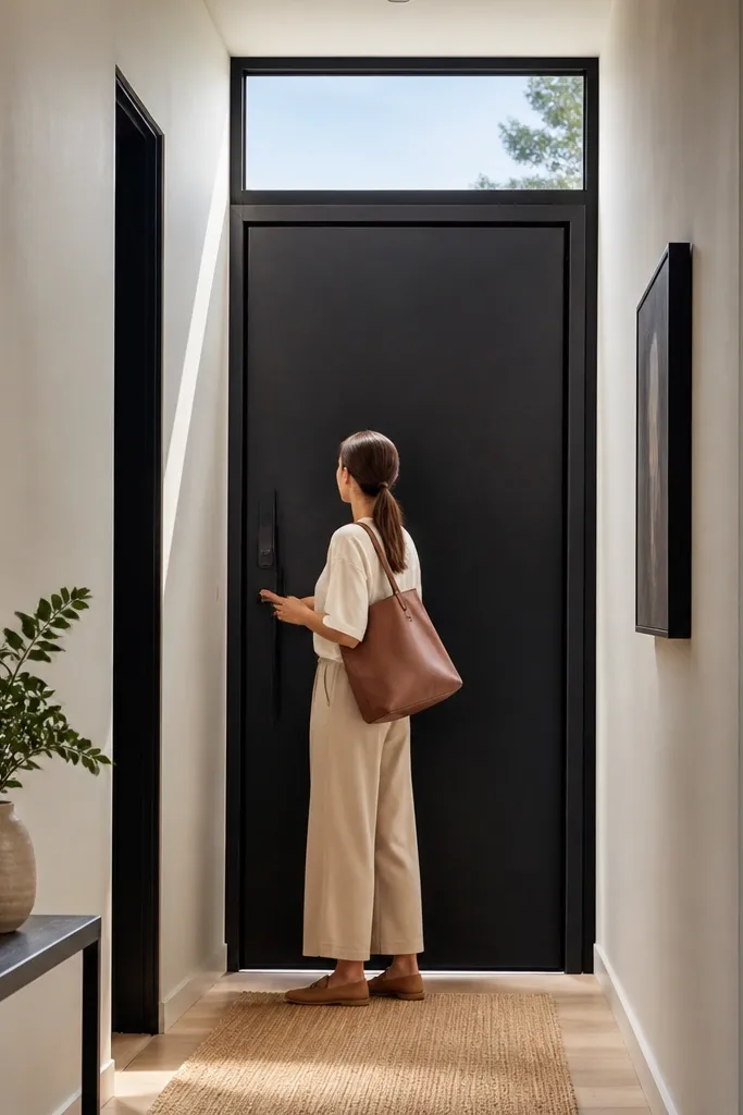 Black framed door with a thin top window panel