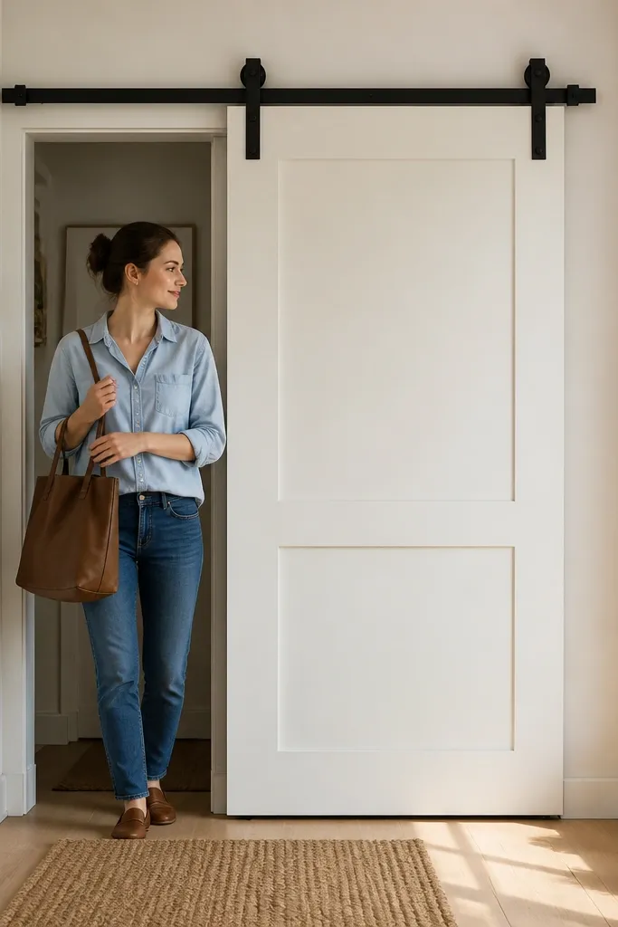 Sliding door with modern track hardware and minimal barn-style details