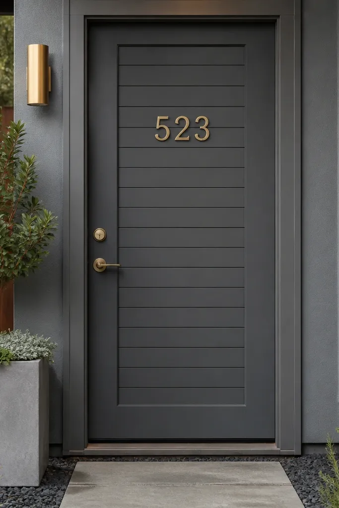 Smoky gray door with a horizontal slat inset and brass house numbers